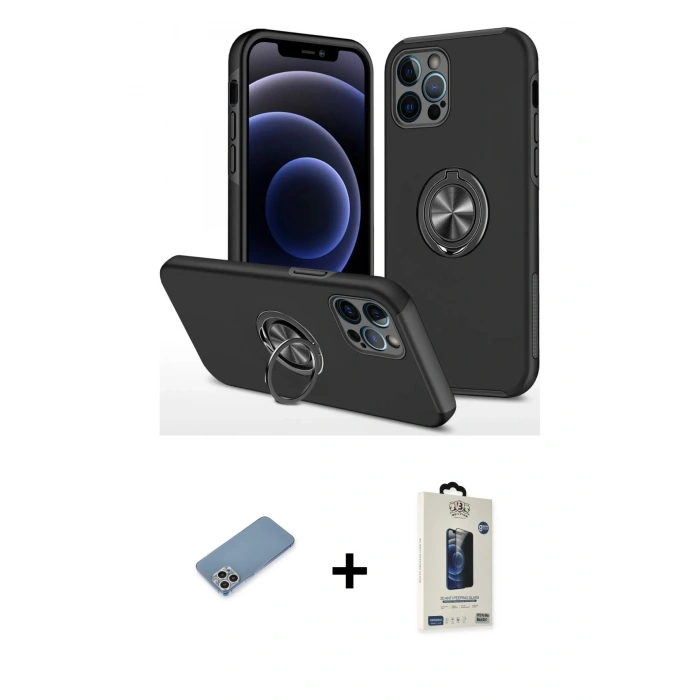 MARSİLYAN™- iPhone 12 Pro Max Kılıf Odak Form Prime - Siyah Bilvis Hayalet Cam Ekran Koruyucu + Shine Kamera Lens Koruma Cam - GS
