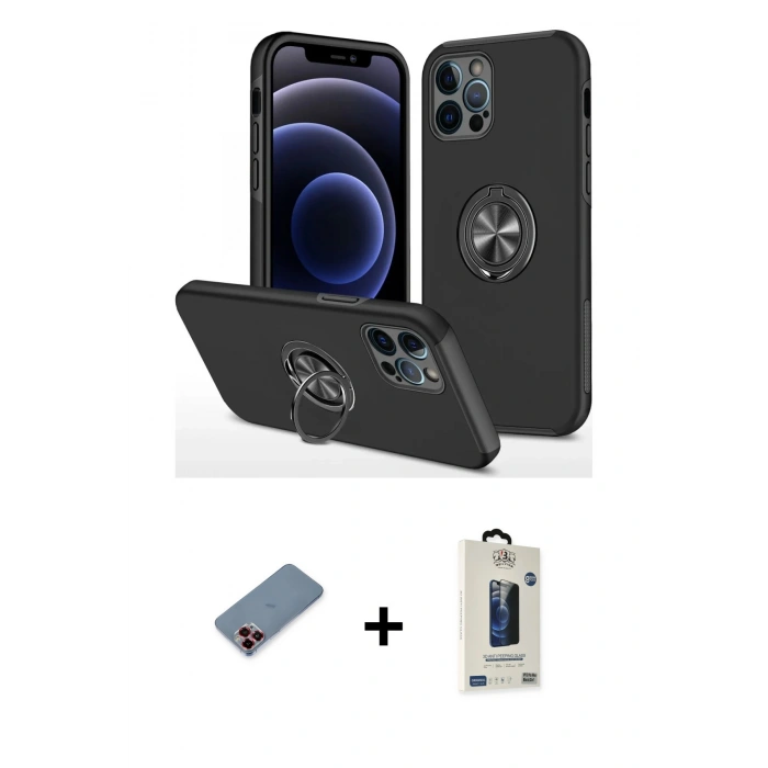 MARSİLYAN™- iPhone 12 Pro Max Kılıf Odak Form Prime - Siyah Bilvis Hayalet Cam Ekran Koruyucu + Metal Kamera Lens Koruma Cam - KI