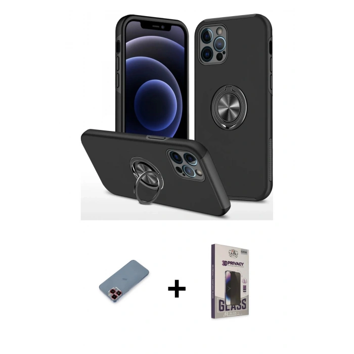 MARSİLYAN™- iPhone 12 Pro Max Kılıf Odak Form Prime - Siyah Bilvis Hayalet Cam Ekran Koruyucu + Metal Kamera Lens Koruma Cam - KI