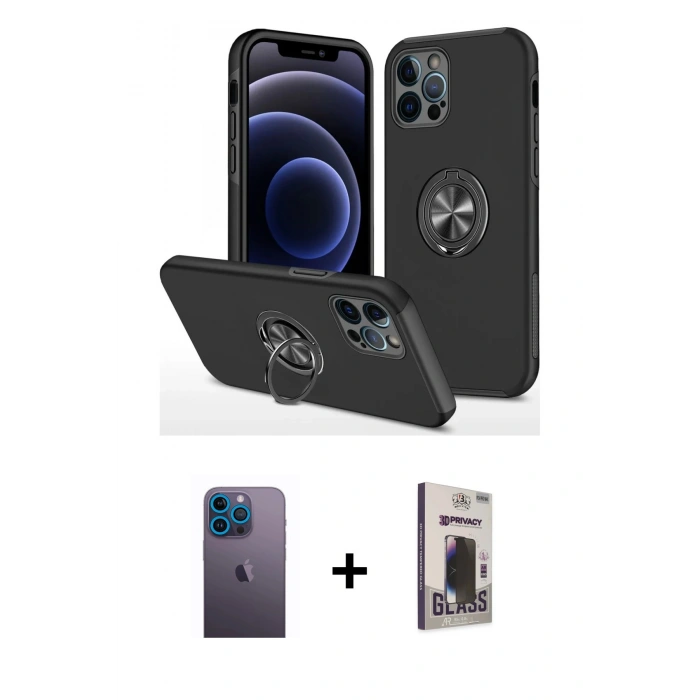 MARSİLYAN™- iPhone 12 Pro Max Kılıf Odak Form Prime - Siyah Bilvis Hayalet Cam Ekran Koruyucu + Neon Fosforlu Kamera Lens - MI