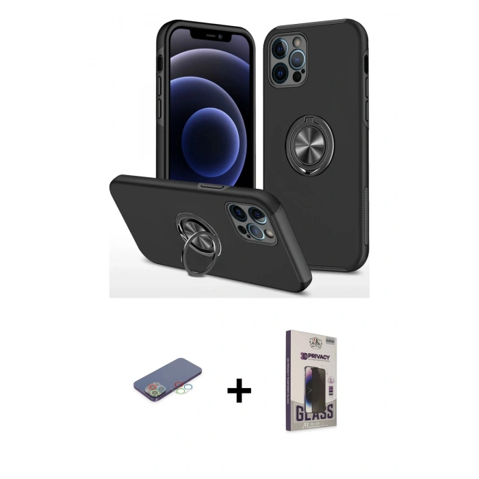 MARSİLYAN™- iPhone 12 Pro Max Kılıf Odak Form Prime - Siyah Bilvis Hayalet Cam Ekran Koruyucu + Renkli Kamera Lens Koruma Cam - MI