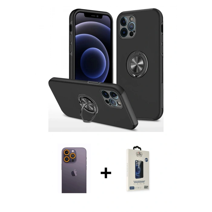 MARSİLYAN™- iPhone 12 Pro Max Kılıf Odak Form Prime - Siyah Bilvis Hayalet Cam Ekran Koruyucu + Neon Fosforlu Kamera Lens - SI