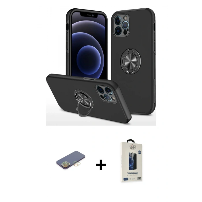 MARSİLYAN™- iPhone 12 Pro Max Kılıf Odak Form Prime - Siyah Bilvis Hayalet Cam Ekran Koruyucu + Renkli Kamera Lens Koruma Cam - SI
