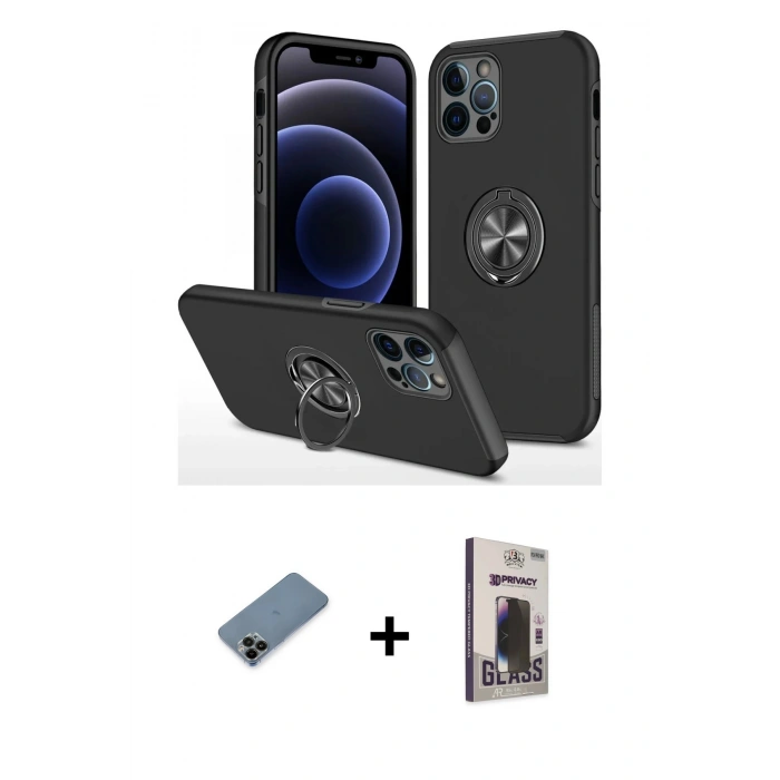 MARSİLYAN™- iPhone 12 Pro Max Kılıf Odak Form Prime - Siyah Bilvis Hayalet Cam Ekran Koruyucu + Shine Kamera Lens Koruma Cam - SH