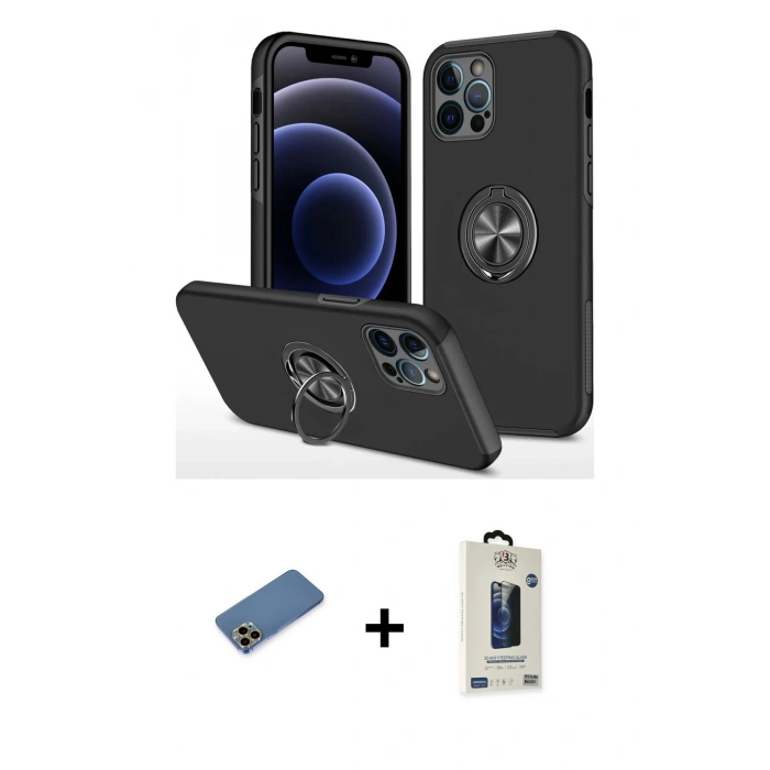 MARSİLYAN™- iPhone 12 Pro Max Kılıf Odak Form Prime - Siyah Bilvis Hayalet Cam Ekran Koruyucu + Shine Kamera Lens Koruma Cam - GD