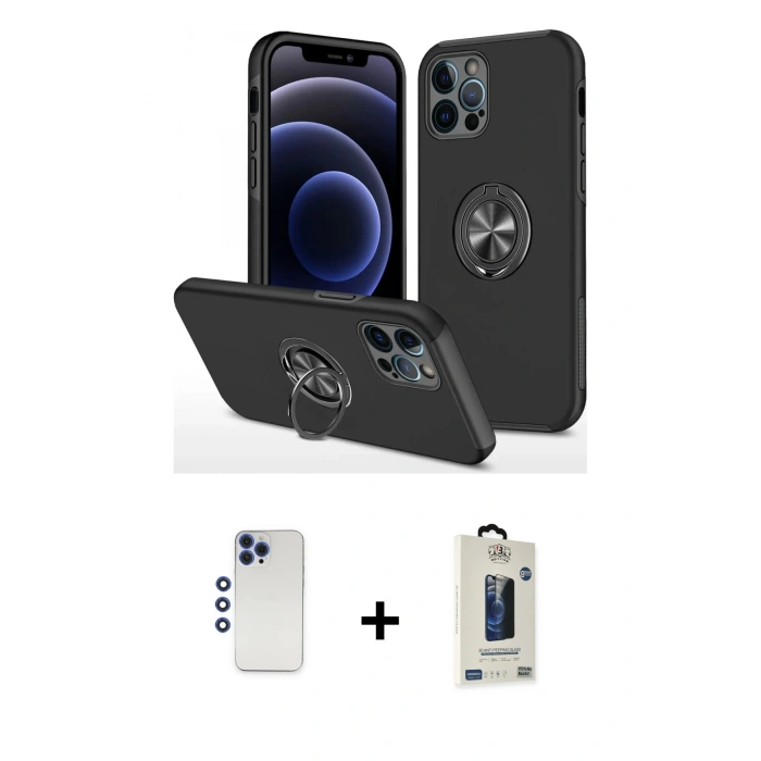 MARSİLYAN™- iPhone 12 Pro Max Kılıf Odak Form Prime - Siyah Bilvis Hayalet Cam Ekran Koruyucu + Shine Kamera Lens - LT
