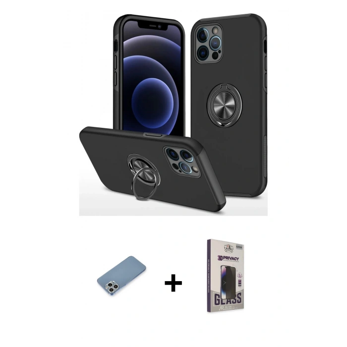 MARSİLYAN™- iPhone 12 Pro Max Kılıf Odak Form Prime - Siyah Bilvis Hayalet Cam Ekran Koruyucu + Shine Kamera Lens Koruma Cam - GS