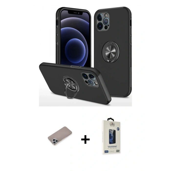 MARSİLYAN™- iPhone 12 Pro Max Kılıf Odak Form Prime - Siyah Bilvis Hayalet Cam Ekran Koruyucu + Shine Kamera Lens Koruma Cam - SABE