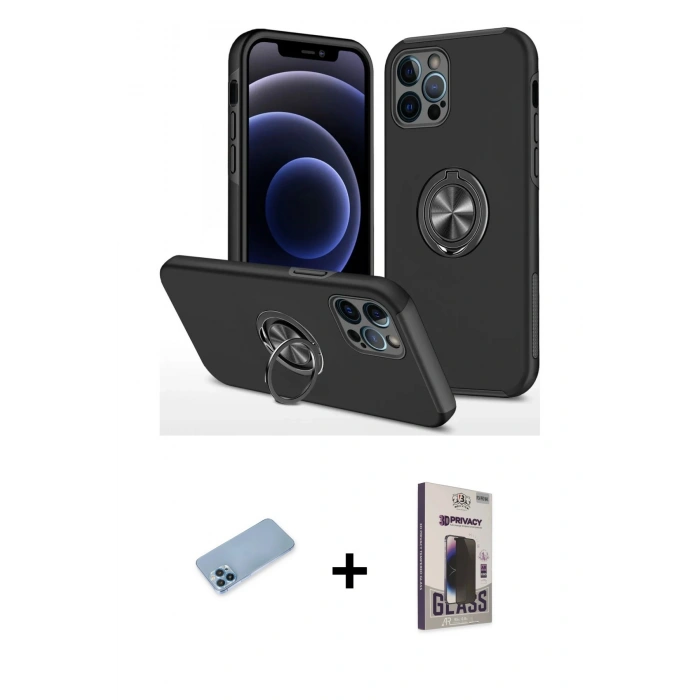 MARSİLYAN™- iPhone 12 Pro Max Kılıf Odak Form Prime - Siyah Bilvis Hayalet Cam Ekran Koruyucu + Shine Kamera Lens Koruma Cam - MI