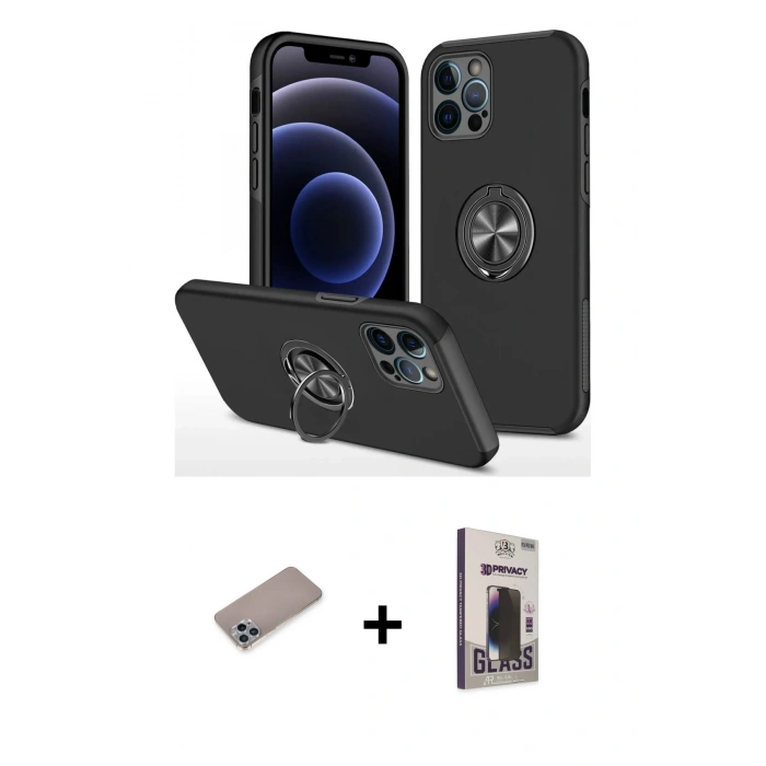 MARSİLYAN™- iPhone 12 Pro Max Kılıf Odak Form Prime - Siyah Bilvis Hayalet Cam Ekran Koruyucu + Shine Kamera Lens Koruma Cam - SABE