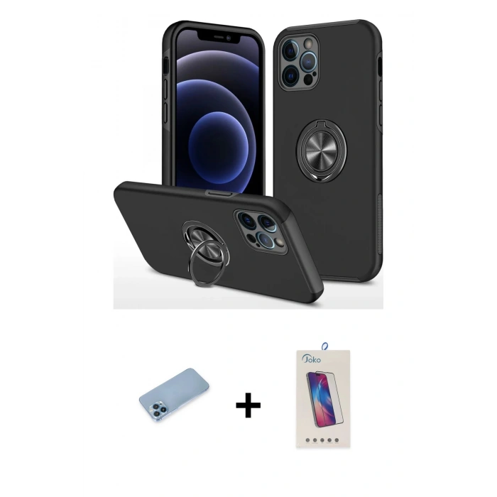 MARSİLYAN™- iPhone 12 Pro Max Kılıf Odak Form Prime - Siyah Joko 5D Cam + Shine Kamera Lens Koruma Cam - MI