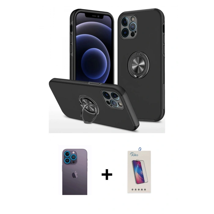 MARSİLYAN™- iPhone 12 Pro Max Kılıf Odak Form Prime - Siyah Joko 5D Cam + Neon Fosforlu Kamera Lens - MI