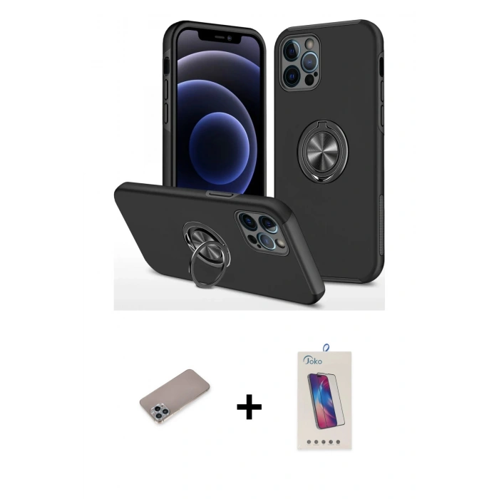 MARSİLYAN™- iPhone 12 Pro Max Kılıf Odak Form Prime - Siyah Joko 5D Cam + Shine Kamera Lens Koruma Cam - SABE