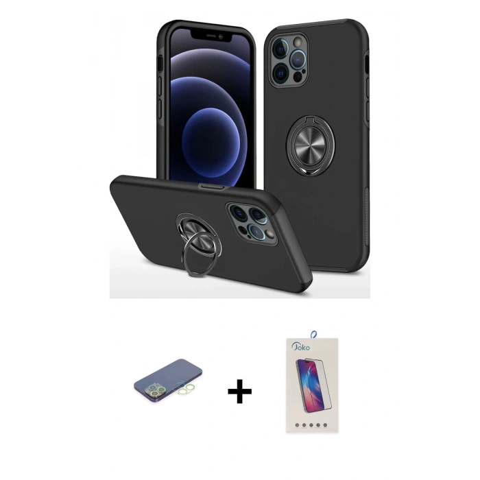 MARSİLYAN™- iPhone 12 Pro Max Kılıf Odak Form Prime - Siyah Joko 5D Cam + Yeşil Renkli Kamera Lens Koruma Cam
