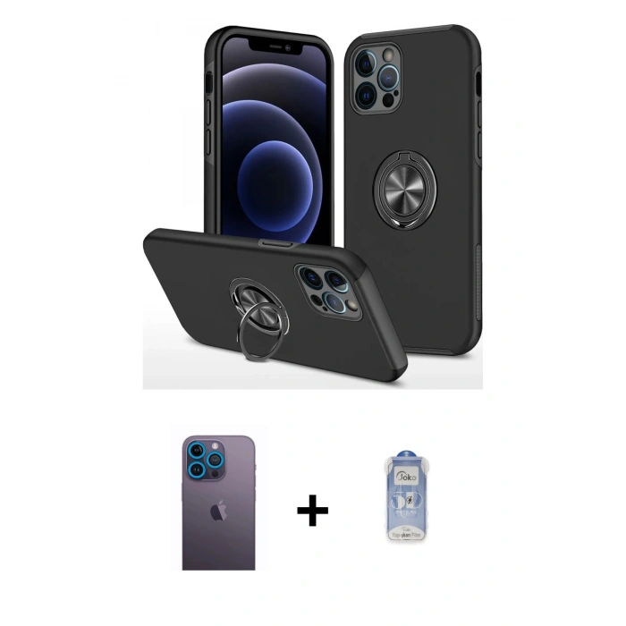 MARSİLYAN™- iPhone 12 Pro Max Kılıf Odak Form Prime - Siyah Joko Magic 5D Cam + Mavi Neon Fosforlu Kamera Lens