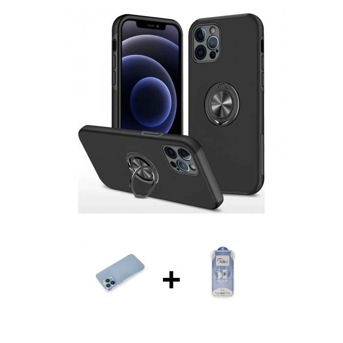 MARSİLYAN™- iPhone 12 Pro Max Kılıf Odak Form Prime - Siyah Joko Magic 5D Cam + Mavi Shine Kamera Lens Koruma Cam