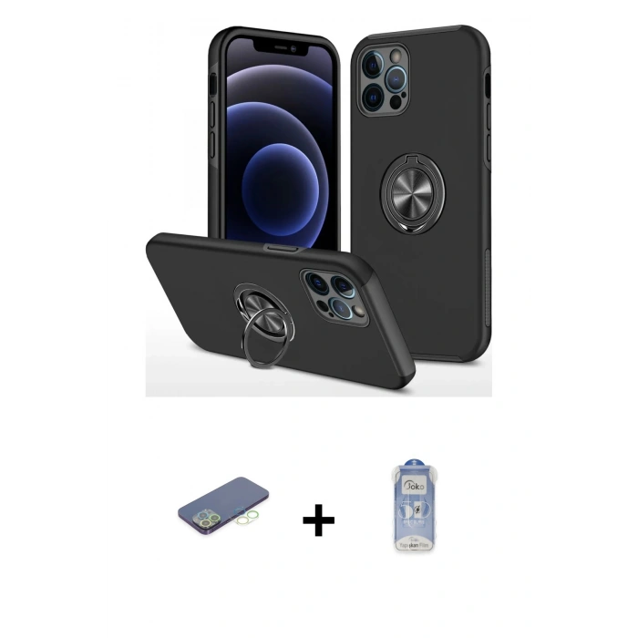 MARSİLYAN™- iPhone 12 Pro Max Kılıf Odak Form Prime - Siyah Joko Magic 5D Cam + Renkli Kamera Lens Koruma Cam - YL