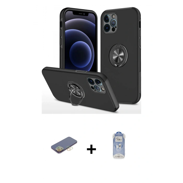 MARSİLYAN™- iPhone 12 Pro Max Kılıf Odak Form Prime - Siyah Joko Magic 5D Cam + Renkli Kamera Lens Koruma Cam - SI