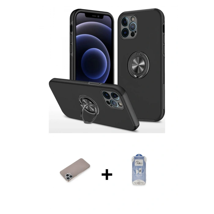 MARSİLYAN™- iPhone 12 Pro Max Kılıf Odak Form Prime - Siyah Joko Magic 5D Cam + Shine Kamera Lens Koruma Cam - SABE