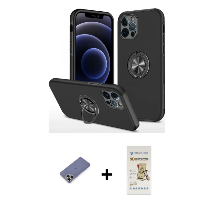 MARSİLYAN™- iPhone 12 Pro Max Kılıf Odak Form Prime - Siyah Mat Seramik Nano Ekran Koruyucu + Metal Kamera Lens Koruma Cam - GD