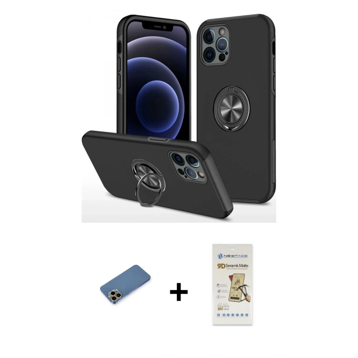 MARSİLYAN™- iPhone 12 Pro Max Kılıf Odak Form Prime - Siyah Mat Seramik Nano Ekran Koruyucu + Shine Kamera Lens Koruma Cam - GD
