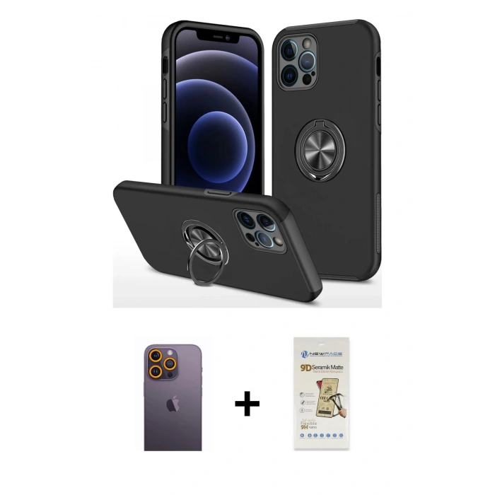 MARSİLYAN™- iPhone 12 Pro Max Kılıf Odak Form Prime - Siyah Mat Seramik Nano Ekran Koruyucu + Neon Fosforlu Kamera Lens - SI