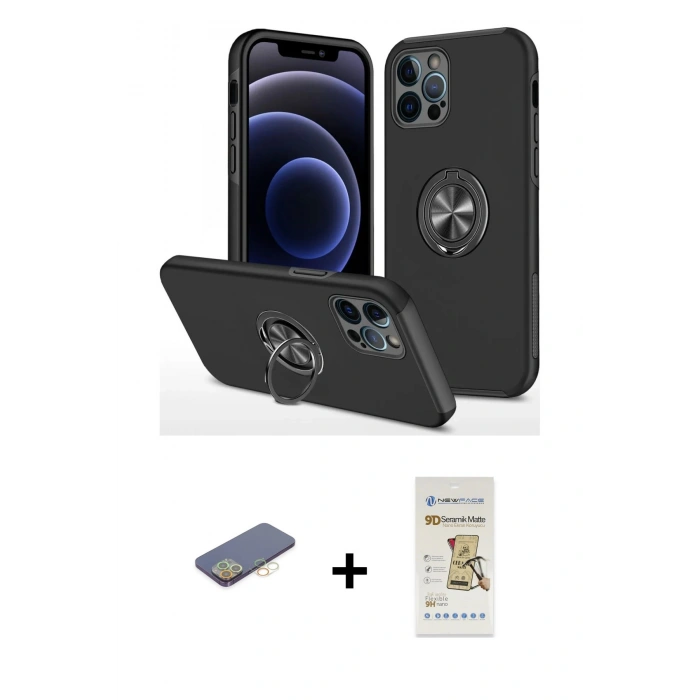 MARSİLYAN™- iPhone 12 Pro Max Kılıf Odak Form Prime - Siyah Mat Seramik Nano Ekran Koruyucu + Renkli Kamera Lens Koruma Cam - SI