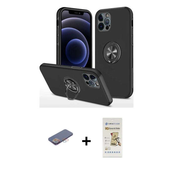 MARSİLYAN™- iPhone 12 Pro Max Kılıf Odak Form Prime - Siyah Mat Seramik Nano Ekran Koruyucu + Renkli Kamera Lens Koruma Cam - PE