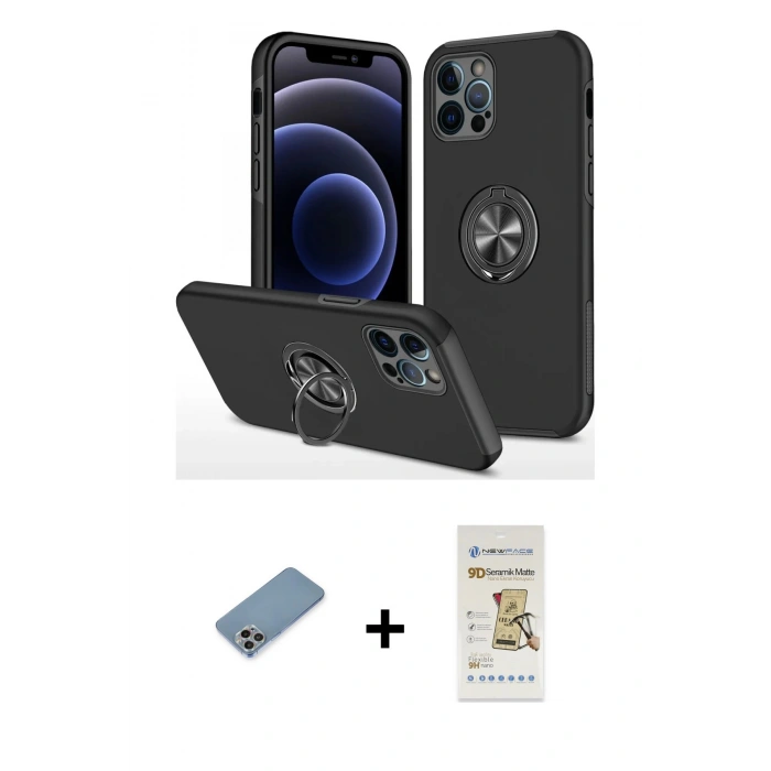 MARSİLYAN™- iPhone 12 Pro Max Kılıf Odak Form Prime - Siyah Mat Seramik Nano Ekran Koruyucu + Shine Kamera Lens Koruma Cam - GI