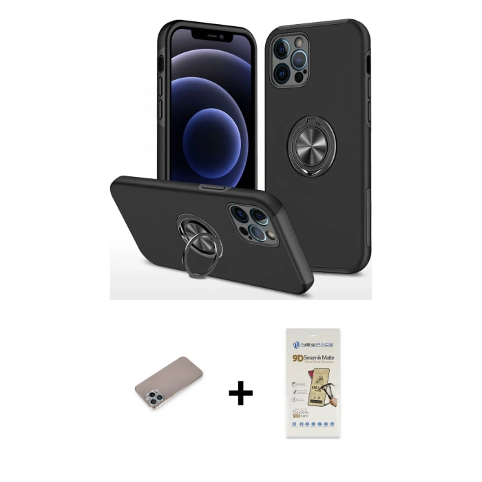 MARSİLYAN™- iPhone 12 Pro Max Kılıf Odak Form Prime - Siyah Mat Seramik Nano Ekran Koruyucu + Shine Kamera Lens Koruma Cam - SABE