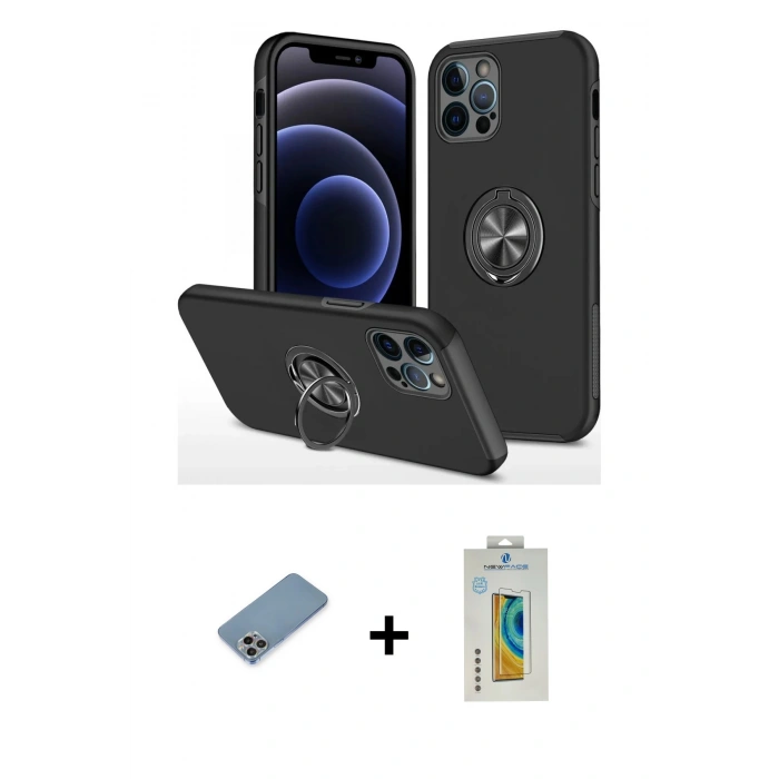 MARSİLYAN™- iPhone 12 Pro Max Kılıf Odak Form Prime - Siyah Polymer Nano Ekran Koruyucu + Shine Kamera Lens Koruma Cam - GI