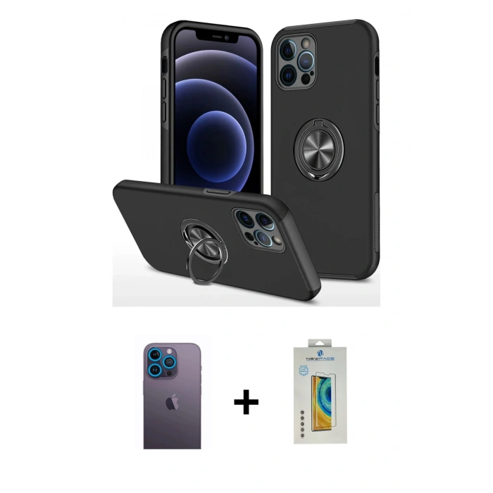 MARSİLYAN™- iPhone 12 Pro Max Kılıf Odak Form Prime - Siyah Polymer Nano Ekran Koruyucu + Neon Fosforlu Kamera Lens - MI