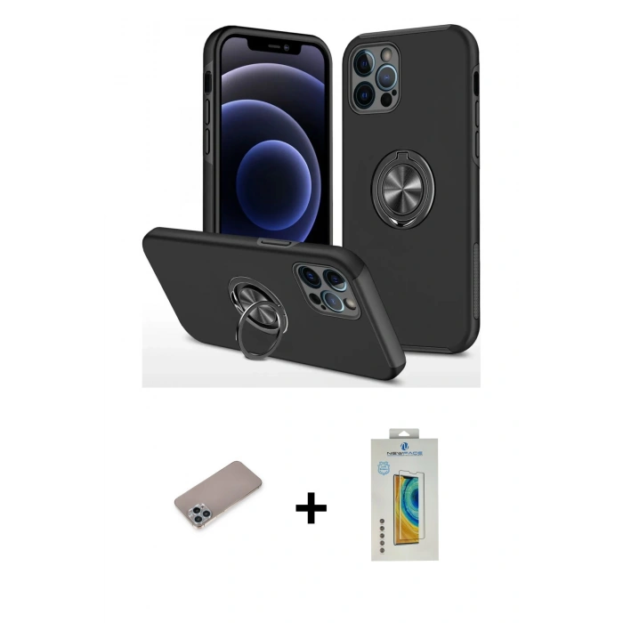 MARSİLYAN™- iPhone 12 Pro Max Kılıf Odak Form Prime - Siyah Polymer Nano Ekran Koruyucu + Shine Kamera Lens Koruma Cam - SABE