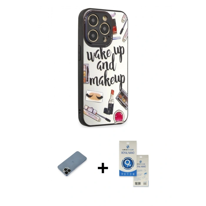MARSİLYAN™- iPhone 12 Pro Max Kılıf Odak Klasik Serisi - Şeffaf Royal Nano Ekran Koruyucu + Siyah Shine Kamera Lens Koruma Cam