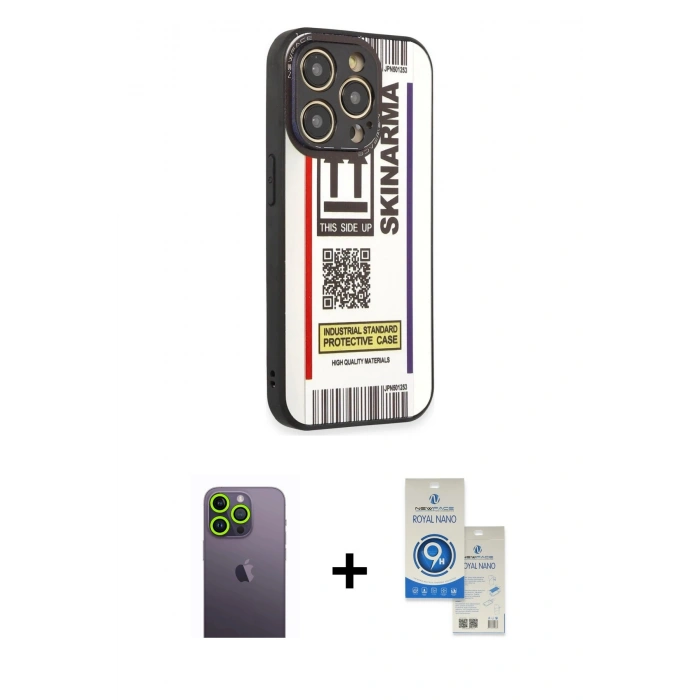 MARSİLYAN™- iPhone 12 Pro Max Kılıf Odak Klasik Serisi - Şeffaf Royal Nano Ekran Koruyucu + Neon Fosforlu Kamera Lens - YL
