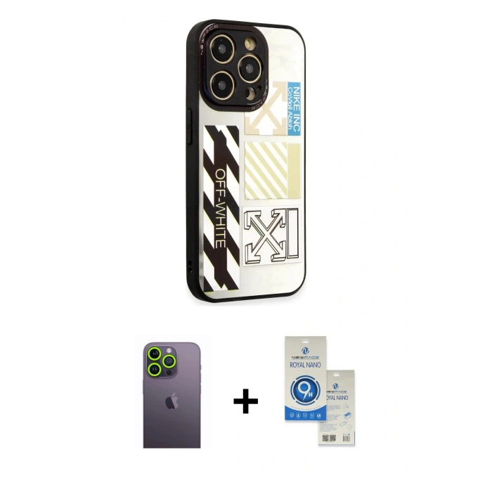 MARSİLYAN™- iPhone 12 Pro Max Kılıf Odak Klasik Serisi - Şeffaf Royal Nano Ekran Koruyucu + Neon Fosforlu Kamera Lens - YL