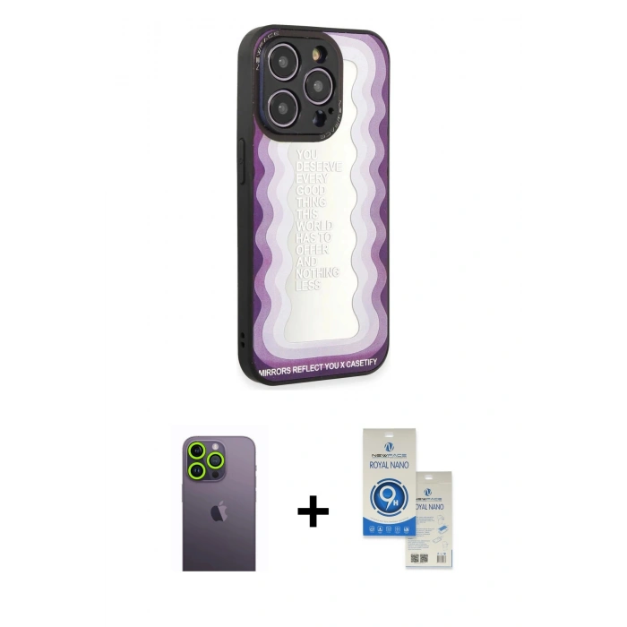 MARSİLYAN™- iPhone 12 Pro Max Kılıf Odak Klasik Serisi - Şeffaf Royal Nano Ekran Koruyucu + Neon Fosforlu Kamera Lens - YL