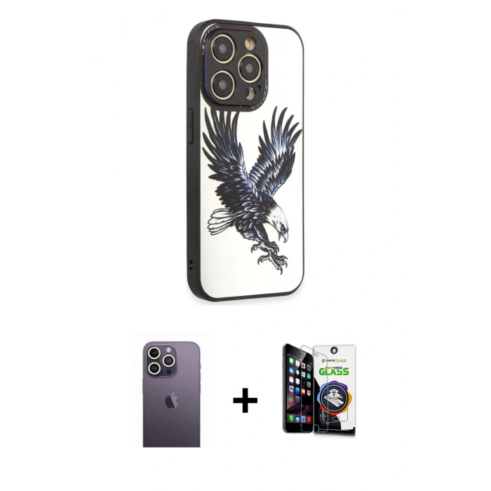 MARSİLYAN™- iPhone 12 Pro Max Kılıf Odak Klasik Serisi - Şeffaf Temperli Cam Ekran Koruyucu + Neon Fosforlu Kamera Lens - BZ