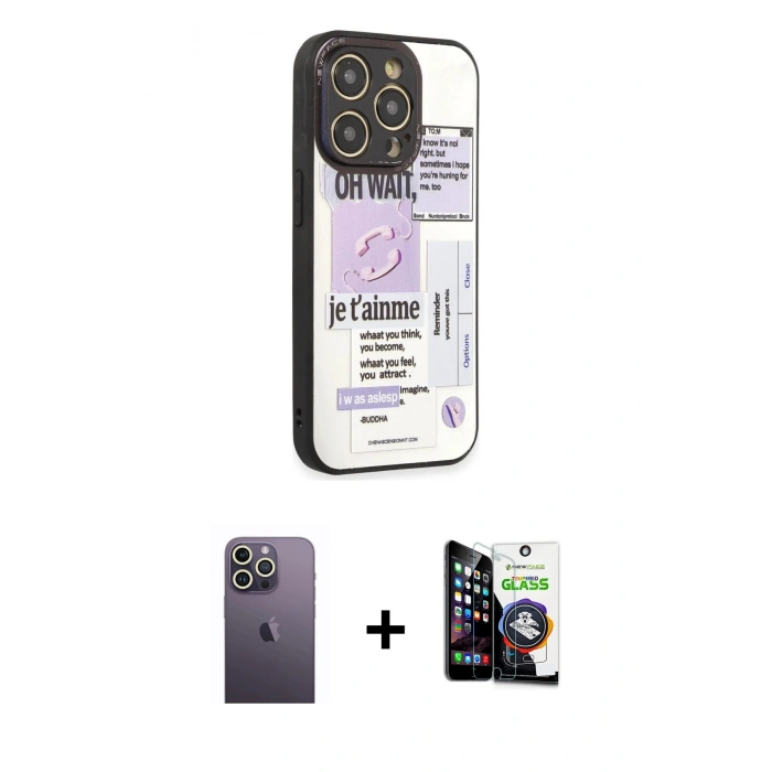 MARSİLYAN™- iPhone 12 Pro Max Kılıf Odak Klasik Serisi - Şeffaf Temperli Cam Ekran Koruyucu + Neon Fosforlu Kamera Lens - BZ
