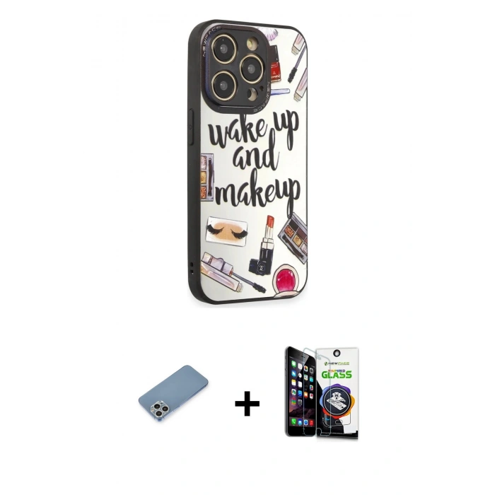 MARSİLYAN™- iPhone 12 Pro Max Kılıf Odak Klasik Serisi - Şeffaf Temperli Cam Ekran Koruyucu + Gümüş Shine Kamera Lens Koruma Cam