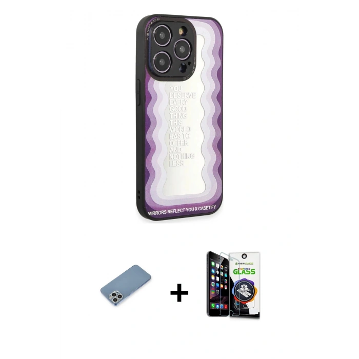 MARSİLYAN™- iPhone 12 Pro Max Kılıf Odak Klasik Serisi - Şeffaf Temperli Cam Ekran Koruyucu + Gümüş Shine Kamera Lens Koruma Cam