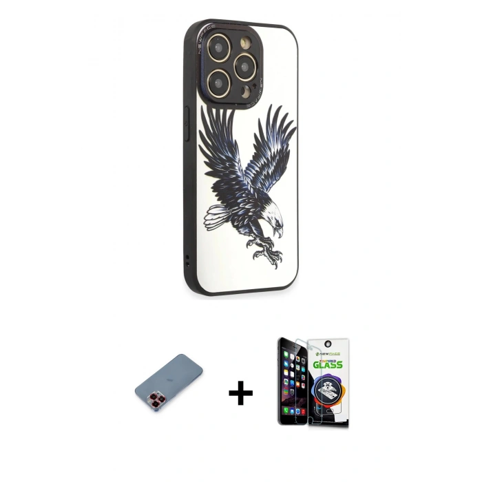 MARSİLYAN™- iPhone 12 Pro Max Kılıf Odak Klasik Serisi - Şeffaf Temperli Cam Ekran Koruyucu + Kırmızı Metal Kamera Lens Koruma Cam