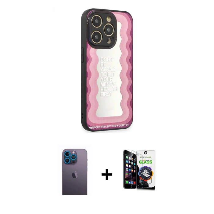 MARSİLYAN™- iPhone 12 Pro Max Kılıf Odak Klasik Serisi - Şeffaf Temperli Cam Ekran Koruyucu + Mavi Neon Fosforlu Kamera Lens