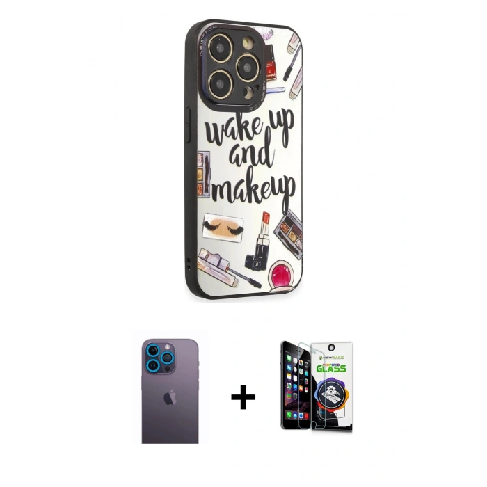 MARSİLYAN™- iPhone 12 Pro Max Kılıf Odak Klasik Serisi - Şeffaf Temperli Cam Ekran Koruyucu + Mavi Neon Fosforlu Kamera Lens