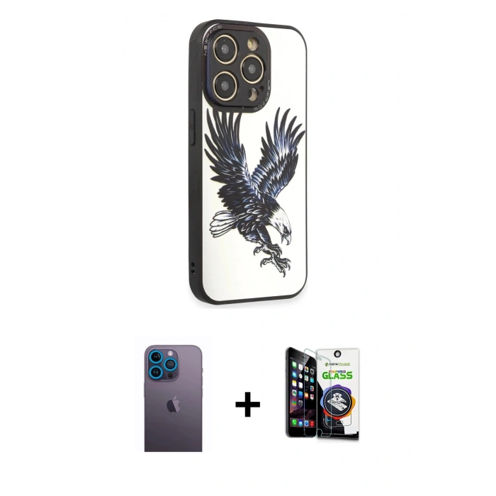 MARSİLYAN™- iPhone 12 Pro Max Kılıf Odak Klasik Serisi - Şeffaf Temperli Cam Ekran Koruyucu + Mavi Neon Fosforlu Kamera Lens
