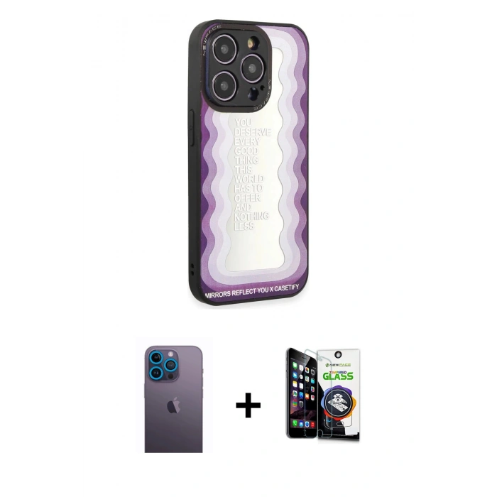 MARSİLYAN™- iPhone 12 Pro Max Kılıf Odak Klasik Serisi - Şeffaf Temperli Cam Ekran Koruyucu + Mavi Neon Fosforlu Kamera Lens