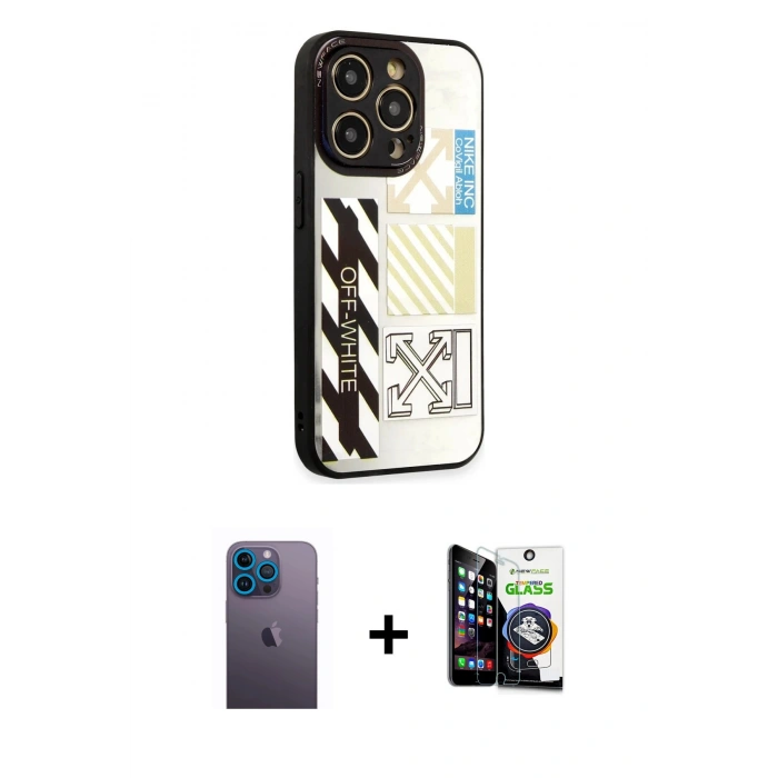 MARSİLYAN™- iPhone 12 Pro Max Kılıf Odak Klasik Serisi - Şeffaf Temperli Cam Ekran Koruyucu + Mavi Neon Fosforlu Kamera Lens