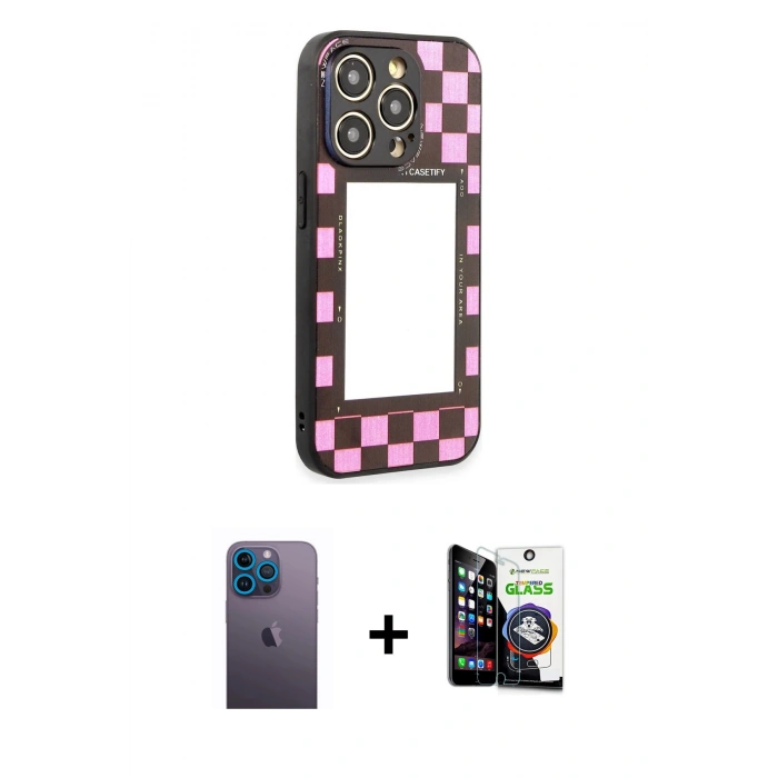 MARSİLYAN™- iPhone 12 Pro Max Kılıf Odak Klasik Serisi - Şeffaf Temperli Cam Ekran Koruyucu + Mavi Neon Fosforlu Kamera Lens