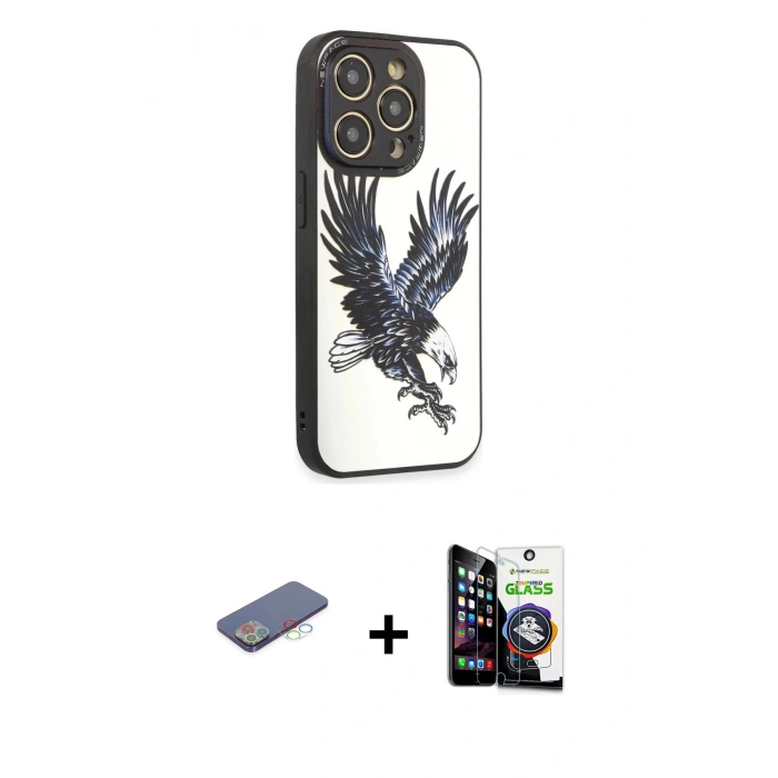 MARSİLYAN™- iPhone 12 Pro Max Kılıf Odak Klasik Serisi - Şeffaf Temperli Cam Ekran Koruyucu + Mavi Renkli Kamera Lens Koruma Cam