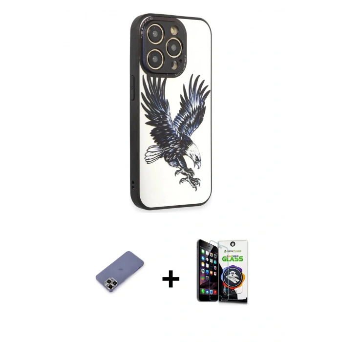 MARSİLYAN™- iPhone 12 Pro Max Kılıf Odak Klasik Serisi - Şeffaf Temperli Cam Ekran Koruyucu + Metal Kamera Lens Koruma Cam - GD